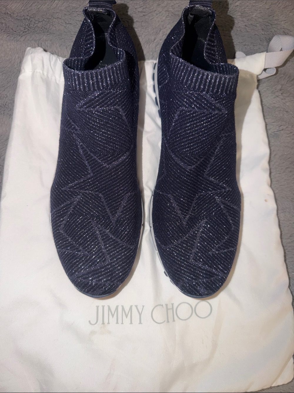 Preloved Jimmy Choo Navy Sparkle Knit Slip-On Trainers size 40.5 US size 8.5/9.